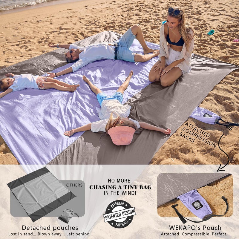 WEKAPO Beach Blanket - Sandproof Waterproof Extra Large Beach Mat | Oversized Sand-Free Lightweight Quick-Drying | Beach Vacation Essentials with Stakes & Corner Pockets (Purple, 9x10 FT) - Image 3